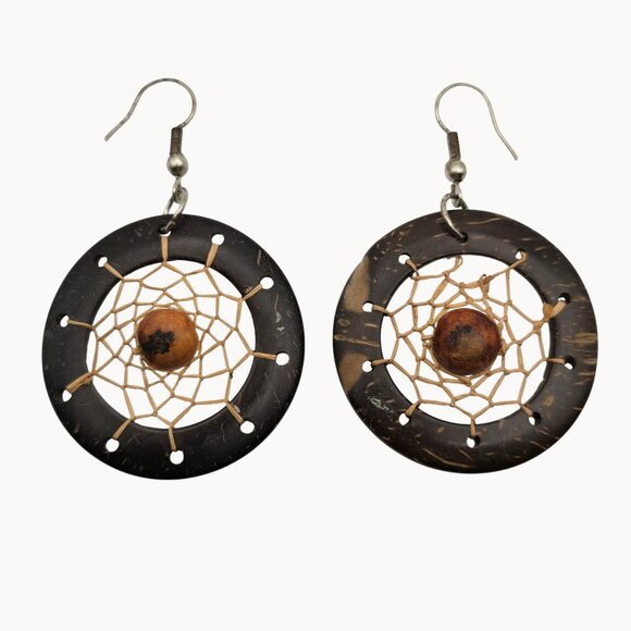 Dreamcatcher Design Hoop Earrings Round Faux Wood Brown Tribal Ethnic Woven - Picture 1 of 5